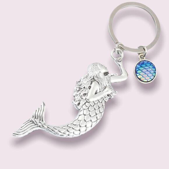 3/$25❗️Mermaid  Blue Fish Scales Charm Keychain - Picture 1 of 3